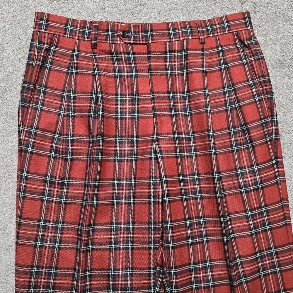 Paul Fredrick Vintage Red Tartan Plaid Wool Pants 35x32 Pleated Cuffed 80s